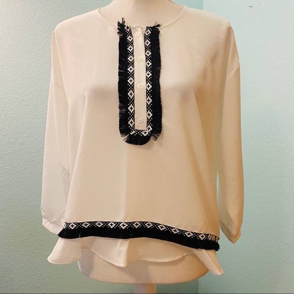 The Limited Tops - THE LIMITED Button Placket White Top Black Fringe